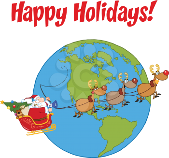 Royalty Free Clipart Image of Santa and His Reindeer Flying Around the World