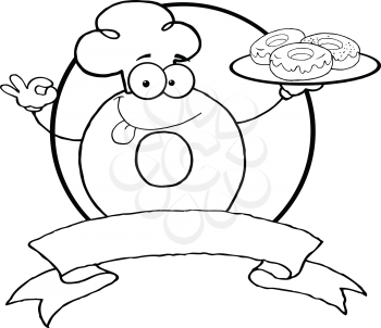 Royalty Free Clipart Image of a Donut with a Plate of Donuts With a Ribbon Beneath