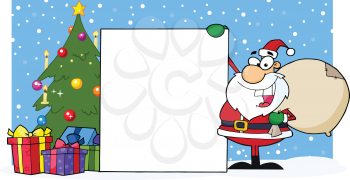 Royalty Free Clipart Image of a Santa With a Blank Sign and a Christmas Tree