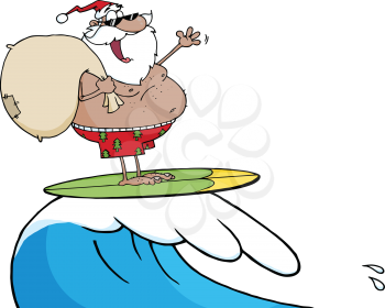 Royalty Free Clipart Image of a Surfing Santa