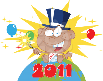 Royalty Free Clipart Image of a New Year Baby on Top of the World