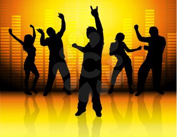 Silhouettes of people dancing on music background