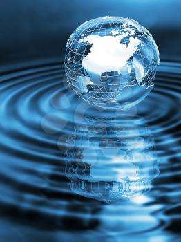 Wireframe globe on rippled water with reflection