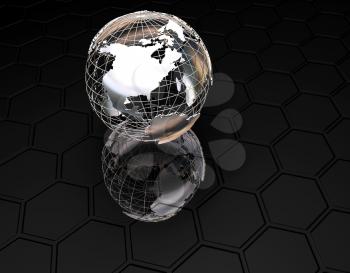 3D wireframe globe on textured black background