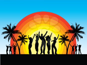 Silhouettes of people dancing on summer background