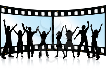 Silhouettes of people dancing on film strip background