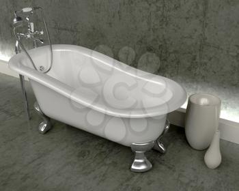 3d render of classic roll top bath and taps with shower attatchment  in contemporary interior