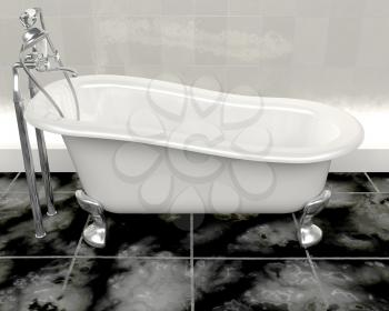 3d render of classic roll top bath and taps with shower attatchment  in contemporary  interior
