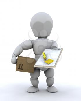 3D render of delivery man with package and clipboard