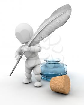 3d render of a man with ink well and feather quill