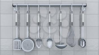 3d render of kitchen utensils on a rack mounted on a tiled wall