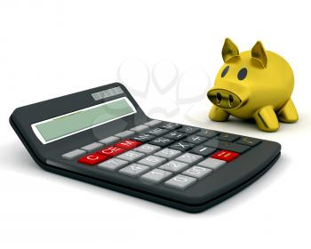 3D render of a piggy bank and calculator