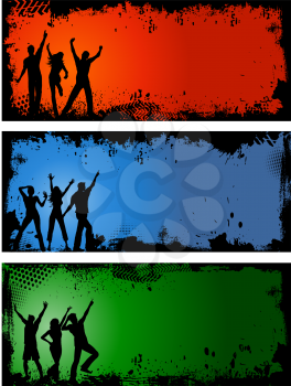 Silhouettes of people dancing on grunge style backgrounds