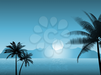 Tropical scene at night with palm trees