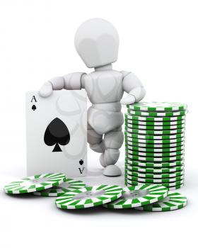 3d render of a man with casino chips and playing cards