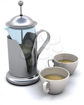 3D render of a coffee pot and cups of coffee