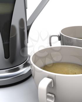 3D render of a coffee pot and cups of coffee