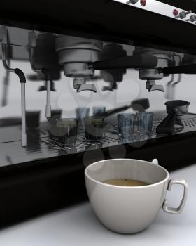 3D render of espresso machine and cup of coffee