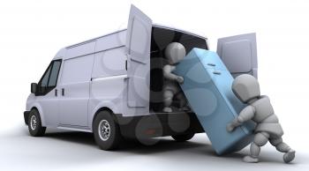 3D render of removal men loading a van