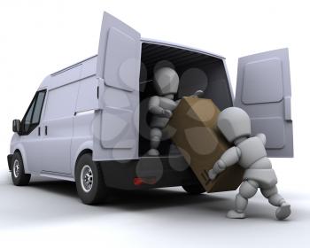 3D render of removal men loading a van