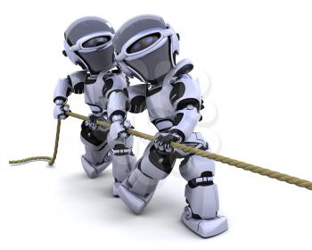 3D Render of robots pulling on a rope