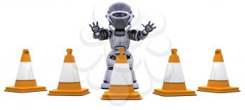 3D render of a robot  with traffic cones