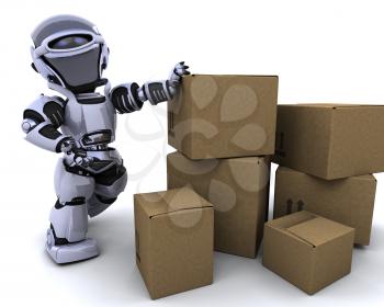 3D render of a robot moving shipping boxes