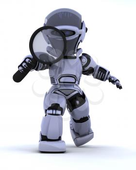 3D render of a robot searching with magnifying glass