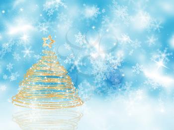 Golden spiral Christmas tree on a snowflake background