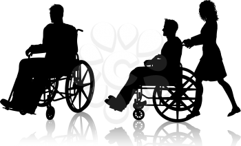Silhouette of a man in a wheelchair and one with a woman pushing him