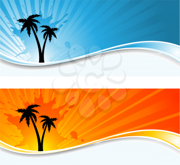 Silhouettes of palm trees on grunge sunburst backgrounds