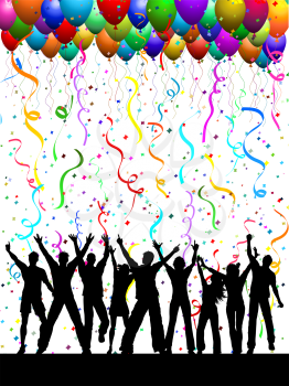 Silhouettes of people dancing on a background with balloons and confetti