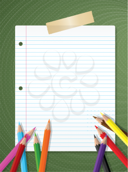 Back to school background with lined paper and coloured pencils