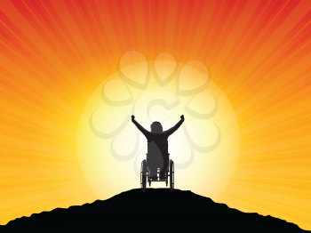 Silhouette of a woman in a wheelchair with her arms raised in success