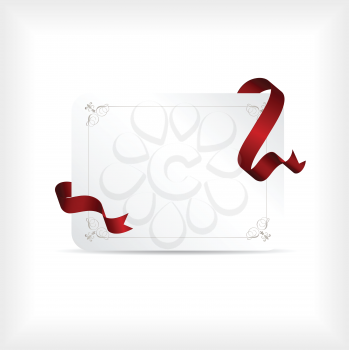 Gift card with a decorative design and red ribbon around it