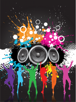 Grunge style music background with speakers and colourful silhouettes of people dancing