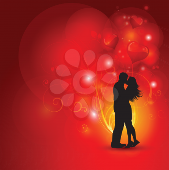 Silhouette of a loving couple on a decorative hearts background