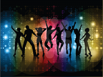 Silhouettes of people dancing on an abstract background with glowing lights and stars