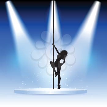 Silhouette of a sexy pole dancer on a podium with spotlights