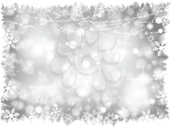 Decorative silver lights Christmas background with snowy border