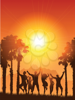 Silhouettes of people dancing on a summery background