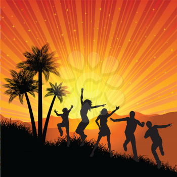 Silhouettes of people dancing on a tropical background