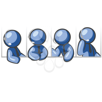 Royalty Free Clipart Image of a Group of Blue Men Talking on Headsets.