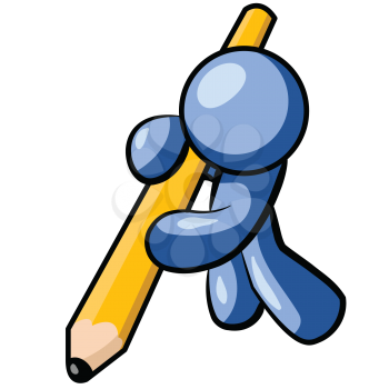 Royalty Free Clipart Image of a Blue Man Writing with a Pencil