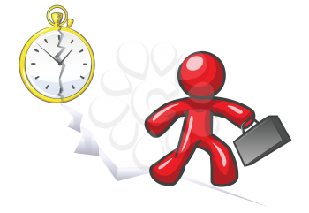 Royalty Free Clipart Image of a Man Running With the Floor Cracking and the Clock Behind