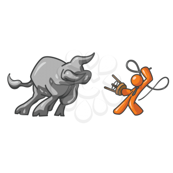 An orange man taming a very large metallic bull. The bull was created as a symbol for the stock market. 