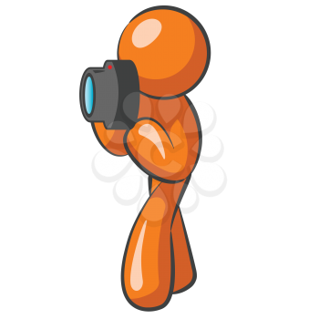An orange man posed to take a picture with a camera. 