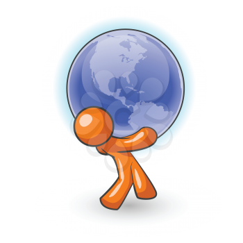 An orange man carrying a large globe, holding the weight of the world!