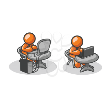 Two orange men on two computers, one  a laptop, and the other a tower. 