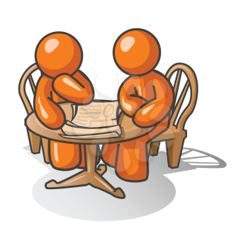 Two orange men at a wooden table pondering a problem together.